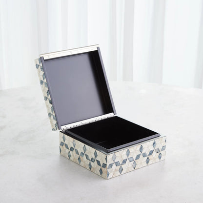 Capiz Shell Box by Global Views in nickel. Made from mdf, stainless steel, capiz shell, mother of pearl in a eclectic & global style.