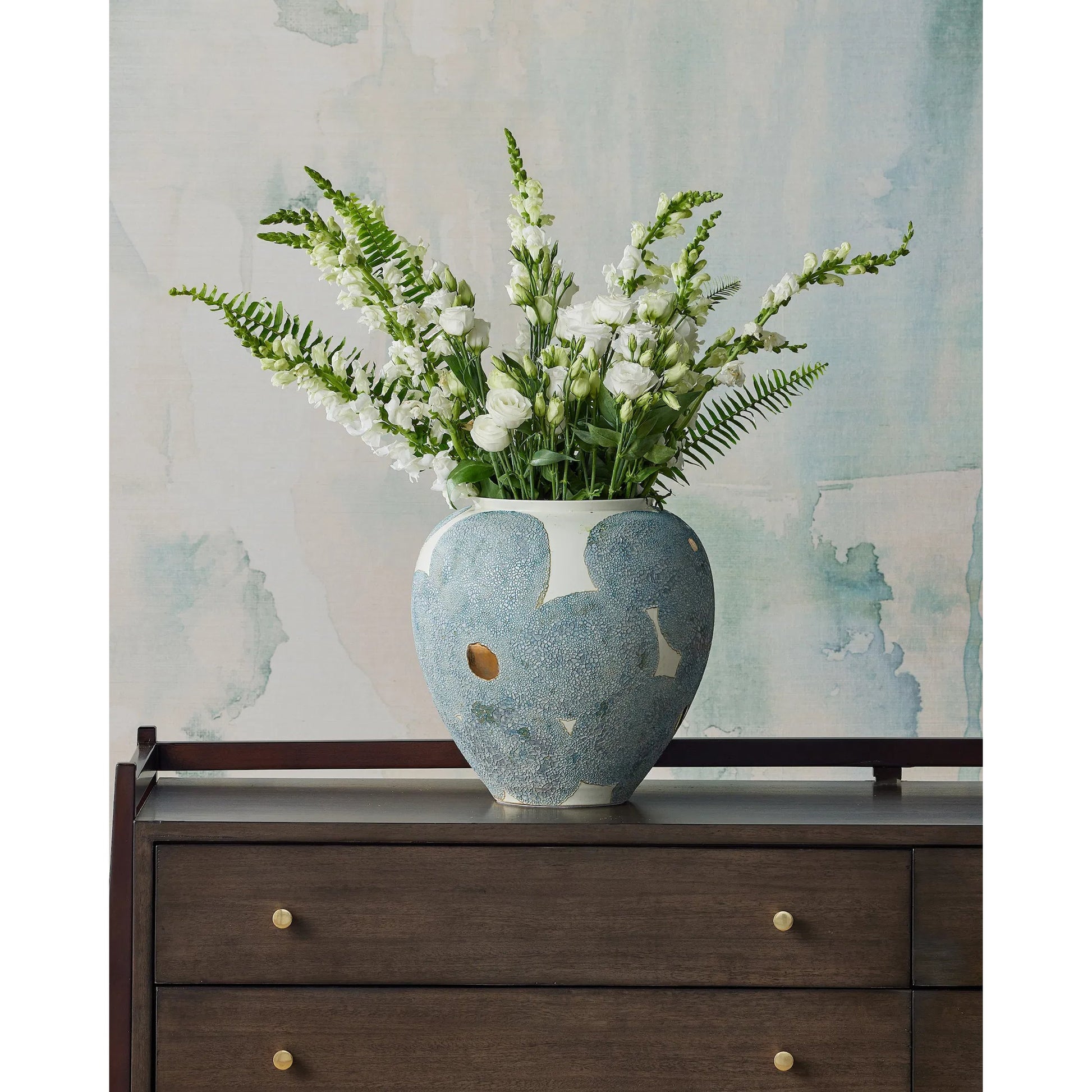 Bloom Blue & Ivory Vase by Currey and Company in textured blue, off-white, gold. Made from porcelain in a modern style.