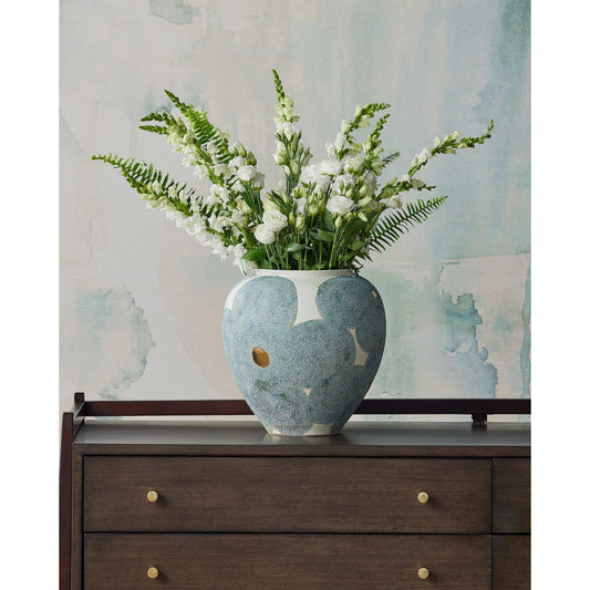 Bloom Blue & Ivory Vase by Currey and Company in textured blue, off-white, gold. Made from porcelain in a modern style.