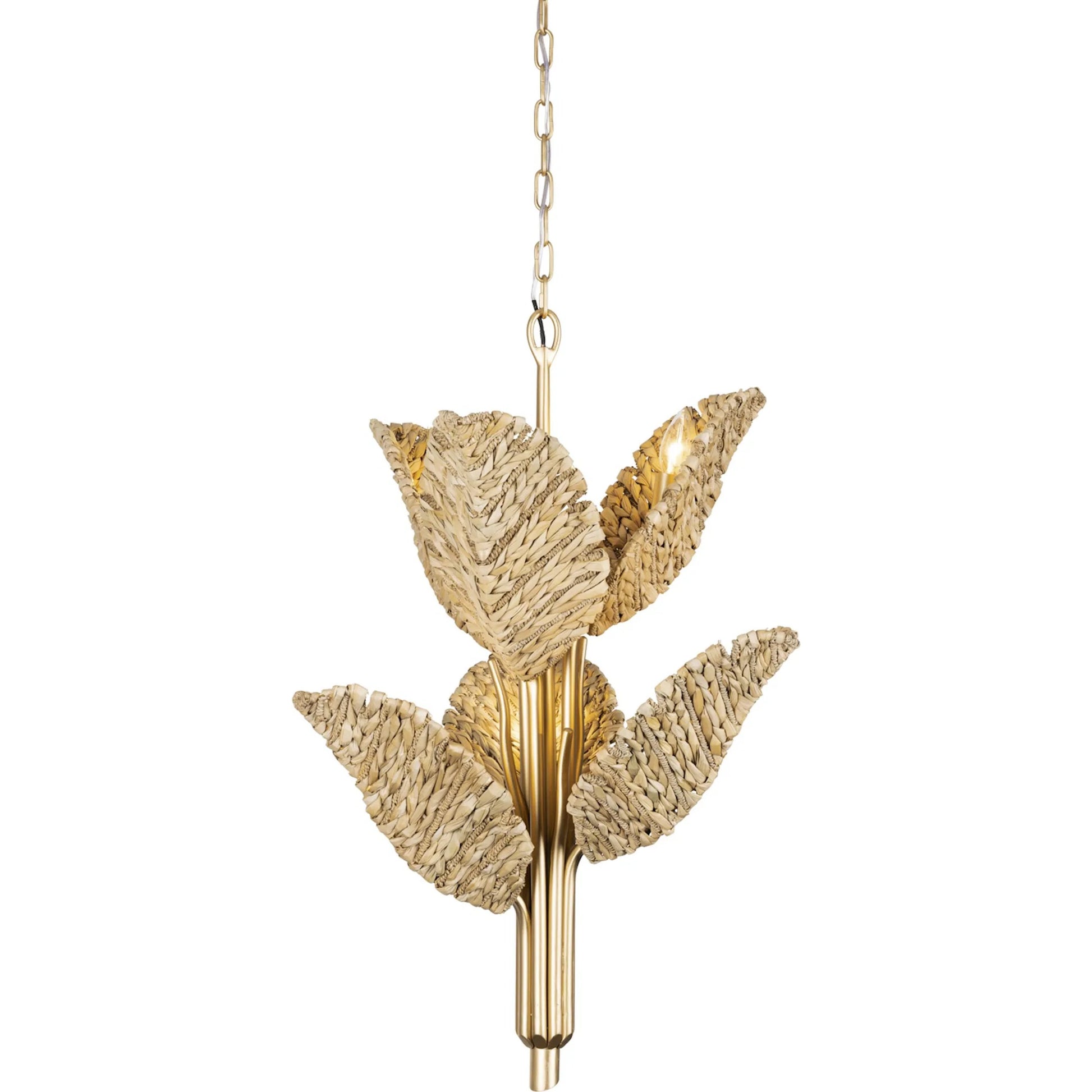 Banana Chandelier by Varaluz in french gold, natural seagrass. Made from unique in a rustic style.
