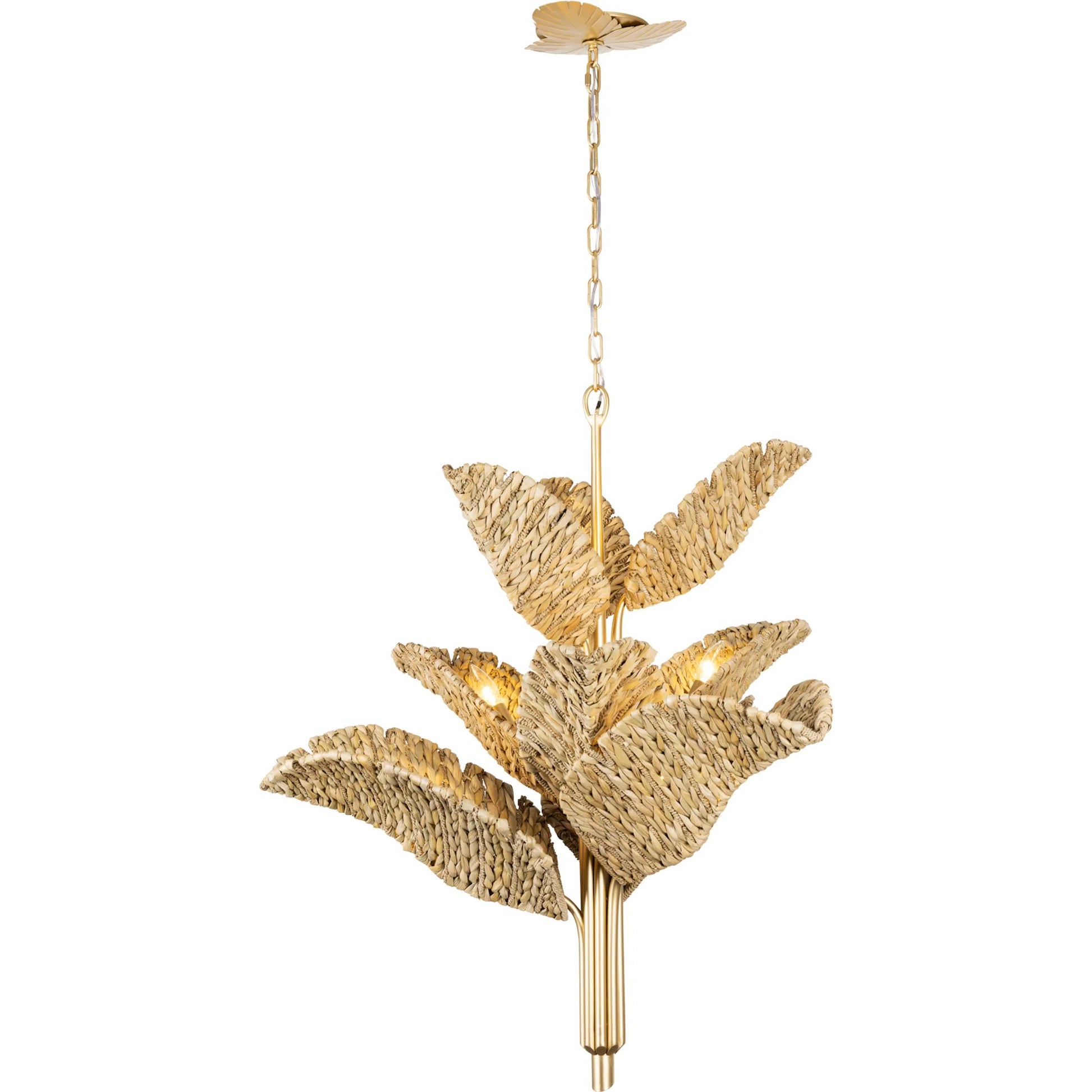 Banana Chandelier by Varaluz in french gold, natural seagrass. Made from unique in a rustic style.