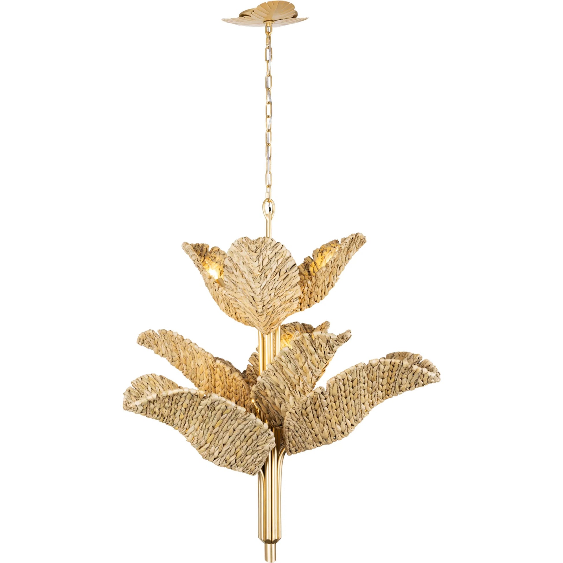 Banana Chandelier by Varaluz in french gold, natural seagrass. Made from unique in a rustic style.