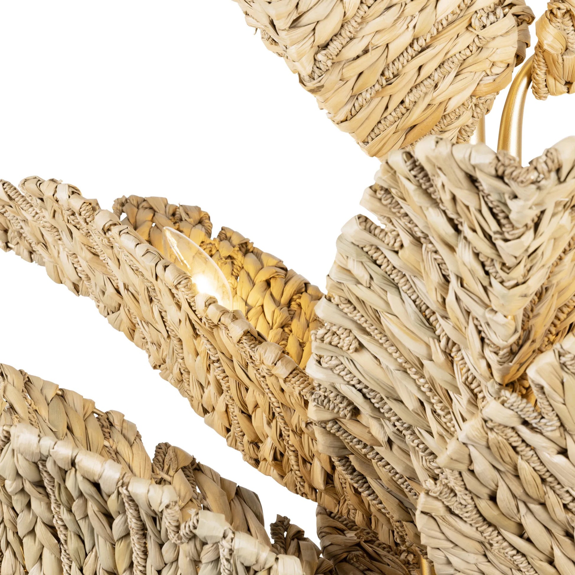 Banana Chandelier by Varaluz in french gold, natural seagrass. Made from unique in a rustic style.