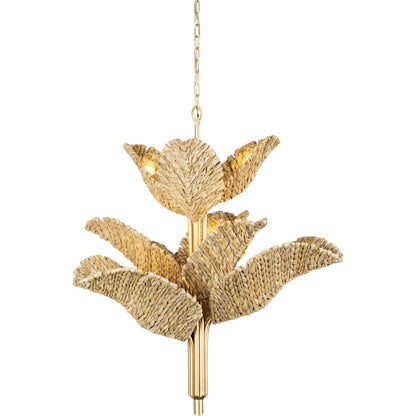 Banana Chandelier by Varaluz in french gold, natural seagrass. Made from unique in a rustic style.