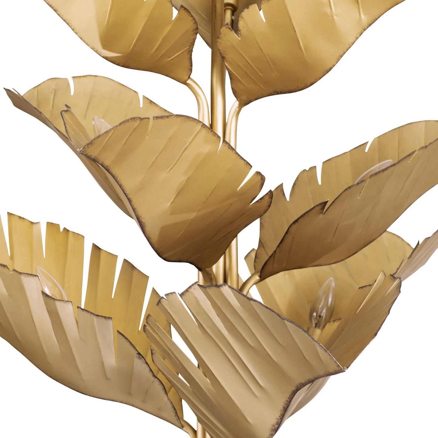 025 SR-817527 | Closeup | Banana Leaf Chandelier by Varaluz. Made from hand-crafted from recycled steel in a coastal style.