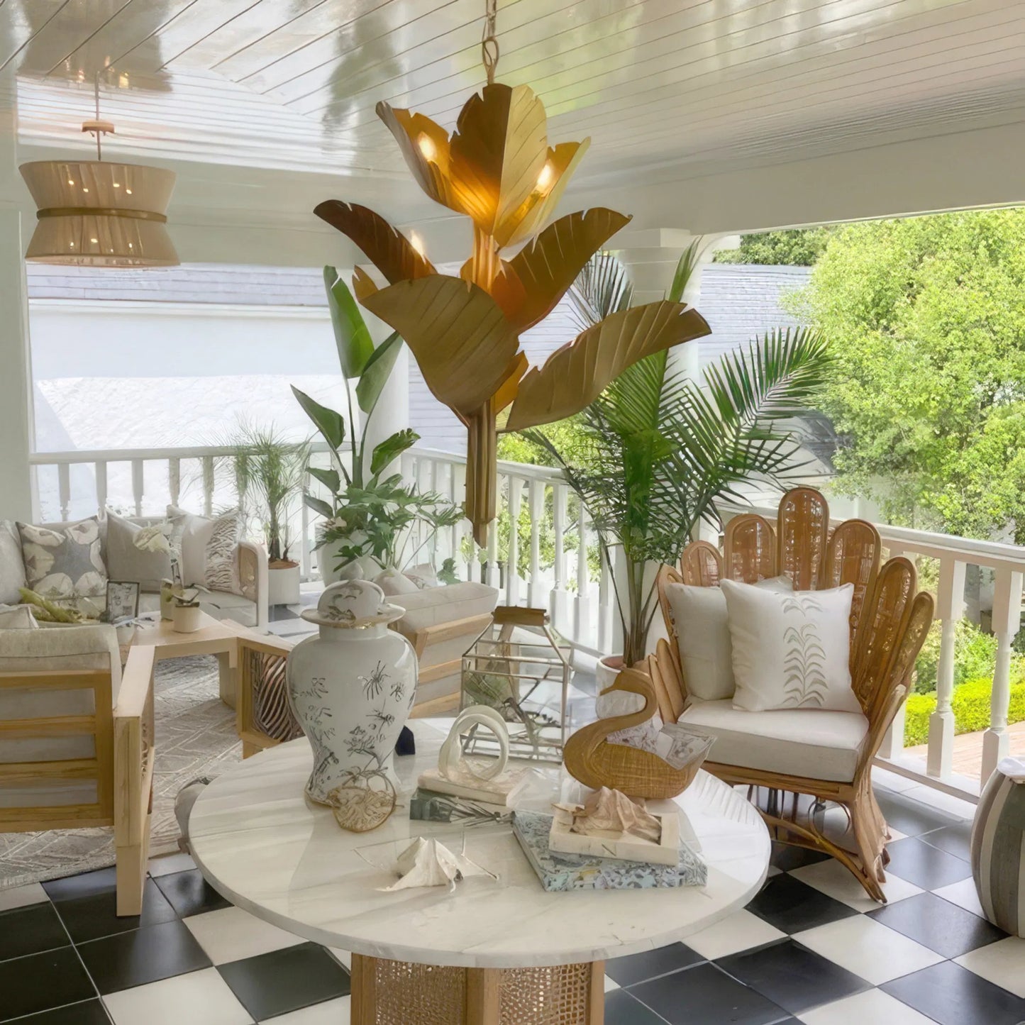 029 SR-817527 | Lifestyle | Banana Leaf Chandelier by Varaluz. Made from hand-crafted from recycled steel in a coastal style.