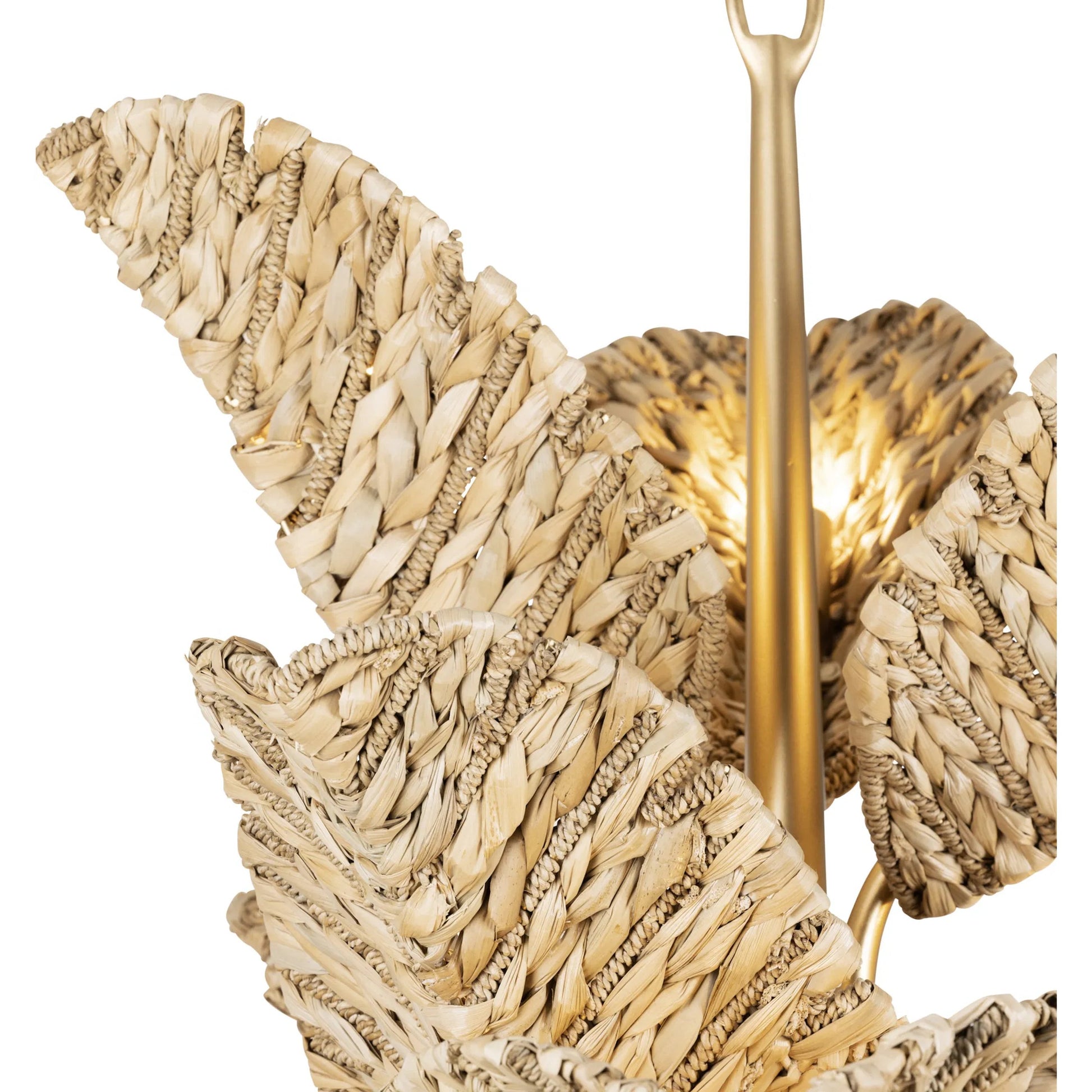 Banana Chandelier by Varaluz in french gold, natural seagrass. Made from unique in a rustic style.
