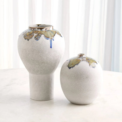 Volcan Footed Vase by Global Views in grey, reactive green. Made from ceramic in a eclectic & global style.