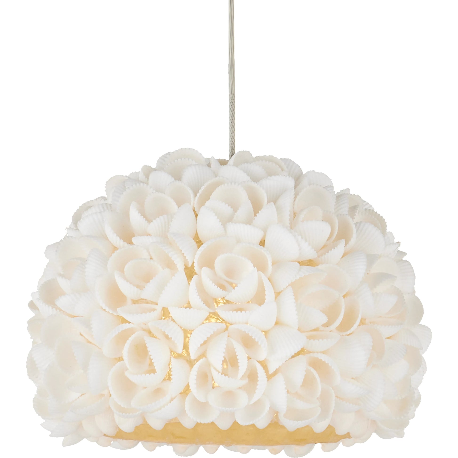 Virtu 15-Light Round Multi-Drop Pendant by Currey and Company in natural, silver. Made from clamrose shell, metal, composite in a modern style.