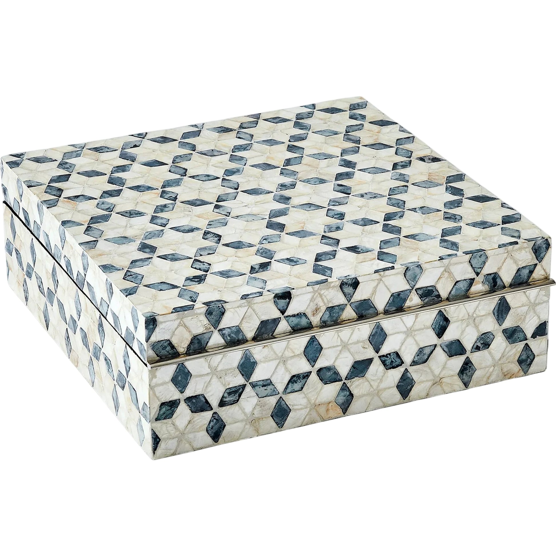 Capiz Shell Box by Global Views in nickel. Made from mdf, stainless steel, capiz shell, mother of pearl in a eclectic & global style.
