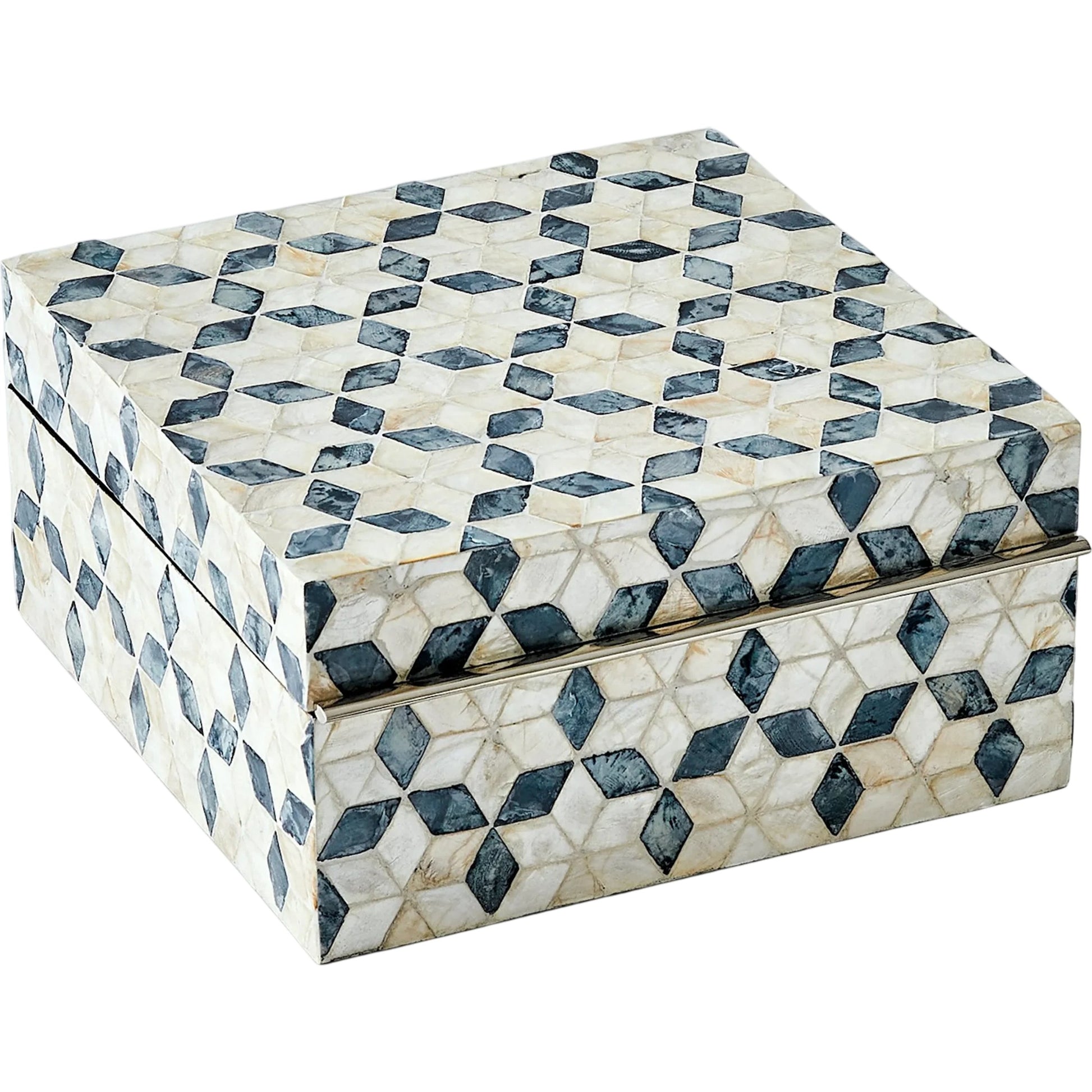 Capiz Shell Box by Global Views in nickel. Made from mdf, stainless steel, capiz shell, mother of pearl in a eclectic & global style.