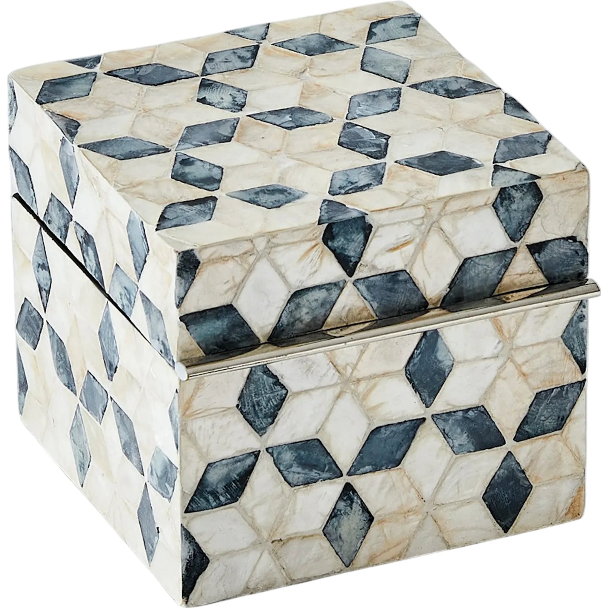 Capiz Shell Box by Global Views in nickel. Made from mdf, stainless steel, capiz shell, mother of pearl in a eclectic & global style.