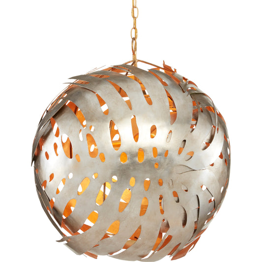 Elder Orb Chandelier by Currey and Company in contemporary silver leaf, contemporary gold leaf. Made from wrought iron in a eclectic & global style.