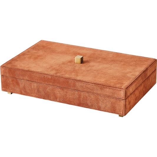 Posh Box by Global Views in rust suede. Made from mdf, cloth polysuede, brass in a unique style.