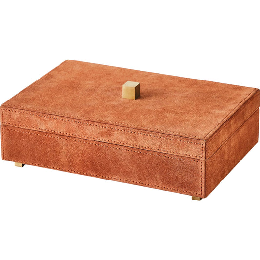 Posh Box by Global Views in rust suede. Made from mdf, cloth polysuede, brass in a unique style.