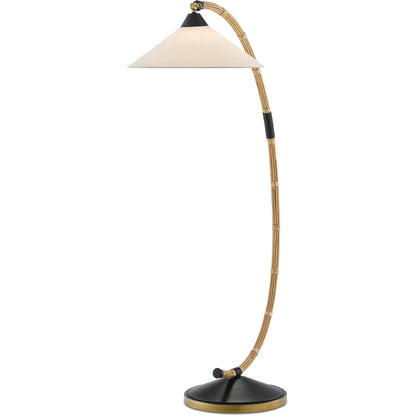 Lisbon Floor Lamp by Currey and Company in natural, rattan, new brass, satin black. Made from wrought iron, rattan in a modern style.