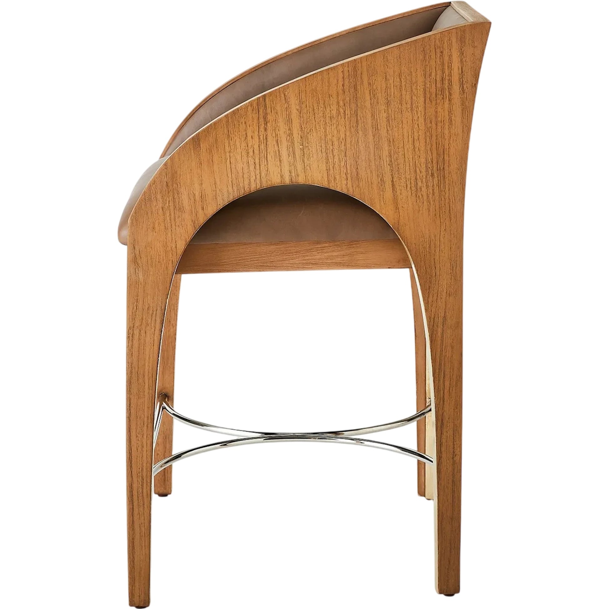 Arches Counter Stool by Global Views in nutmeg, champagne. Made from plywood, veneer, leather, stainless steel in a traditional style.