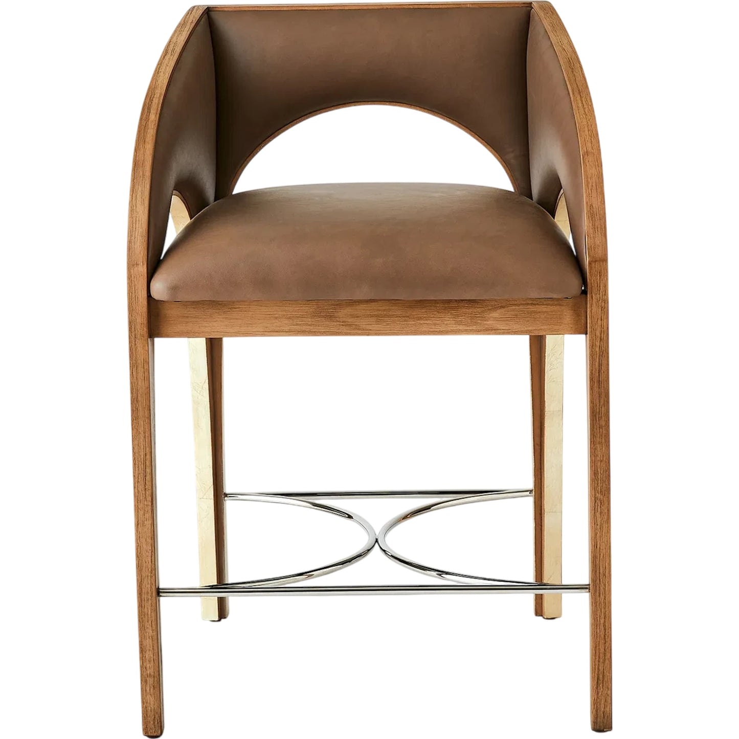 002 SI-2446255 | Additional Silo | Arches Counter Stool by Global Views in nutmeg, champagne. Made from plywood, veneer, leather, stainless steel in a traditional style.