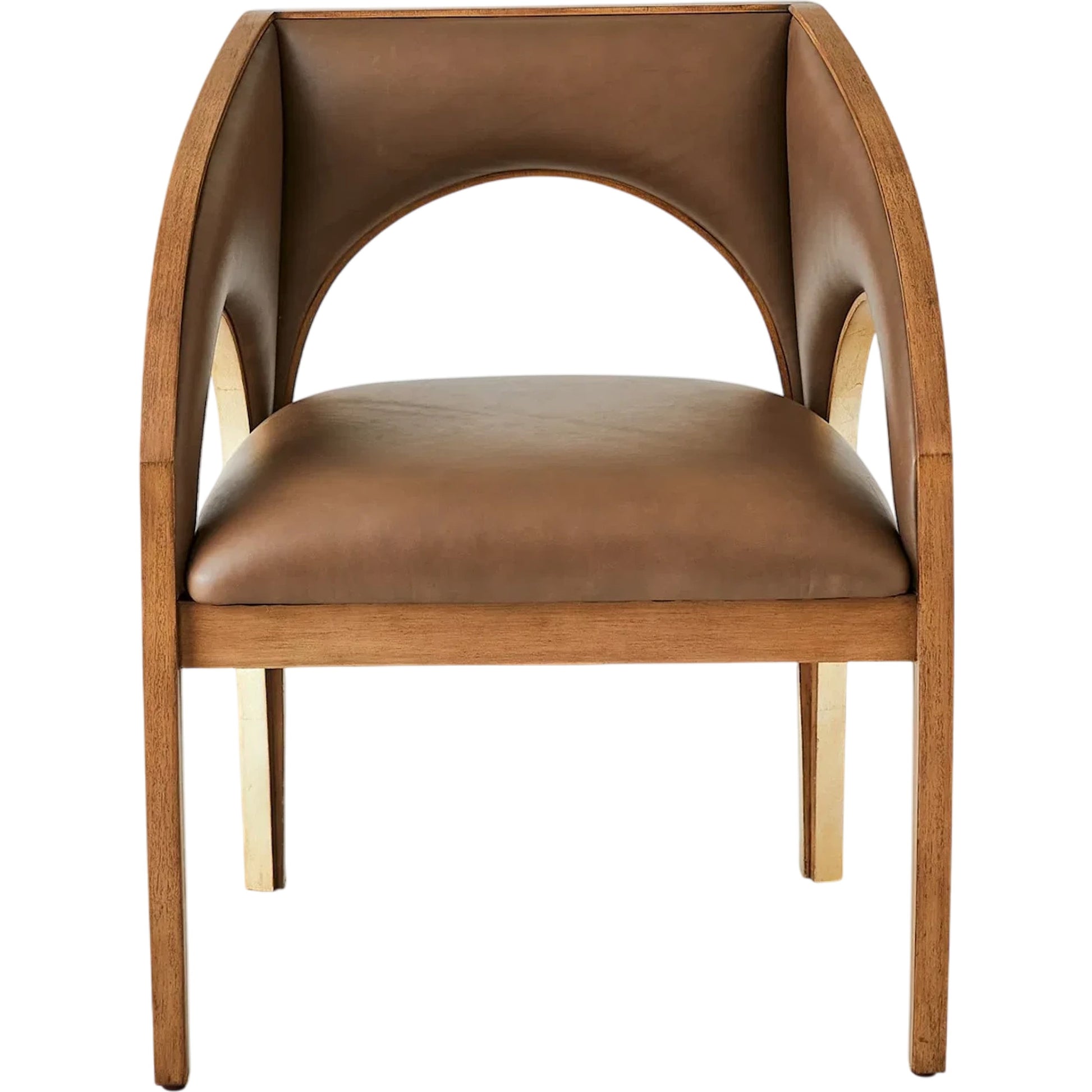 Arches Dining Chair by Global Views in nutmeg, champagne. Made from plywood, veneer, leather in a traditional style.