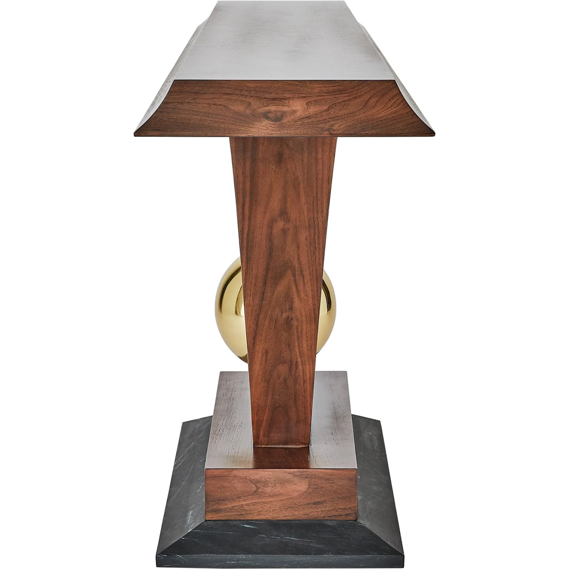 Colby Console by Global Views in walnut, brass. Made from walnut wood, brass, black slate marble in a modern style.