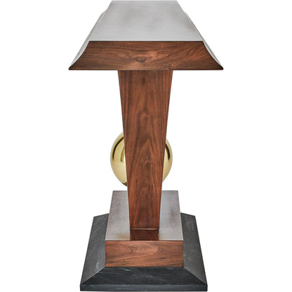 Colby Console by Global Views in walnut, brass. Made from walnut wood, brass, black slate marble in a modern style.