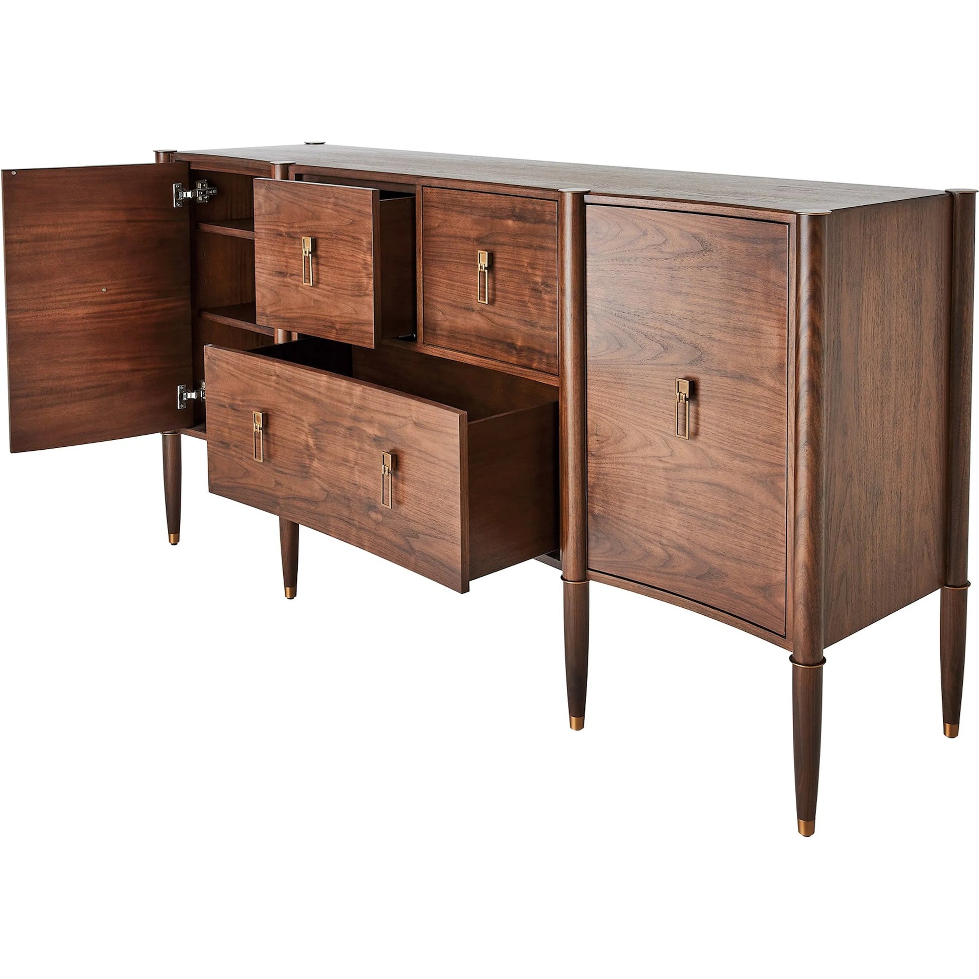 Triple Curve Cabinet by Global Views in walnut. Made from walnut wood, brass in a traditional style.