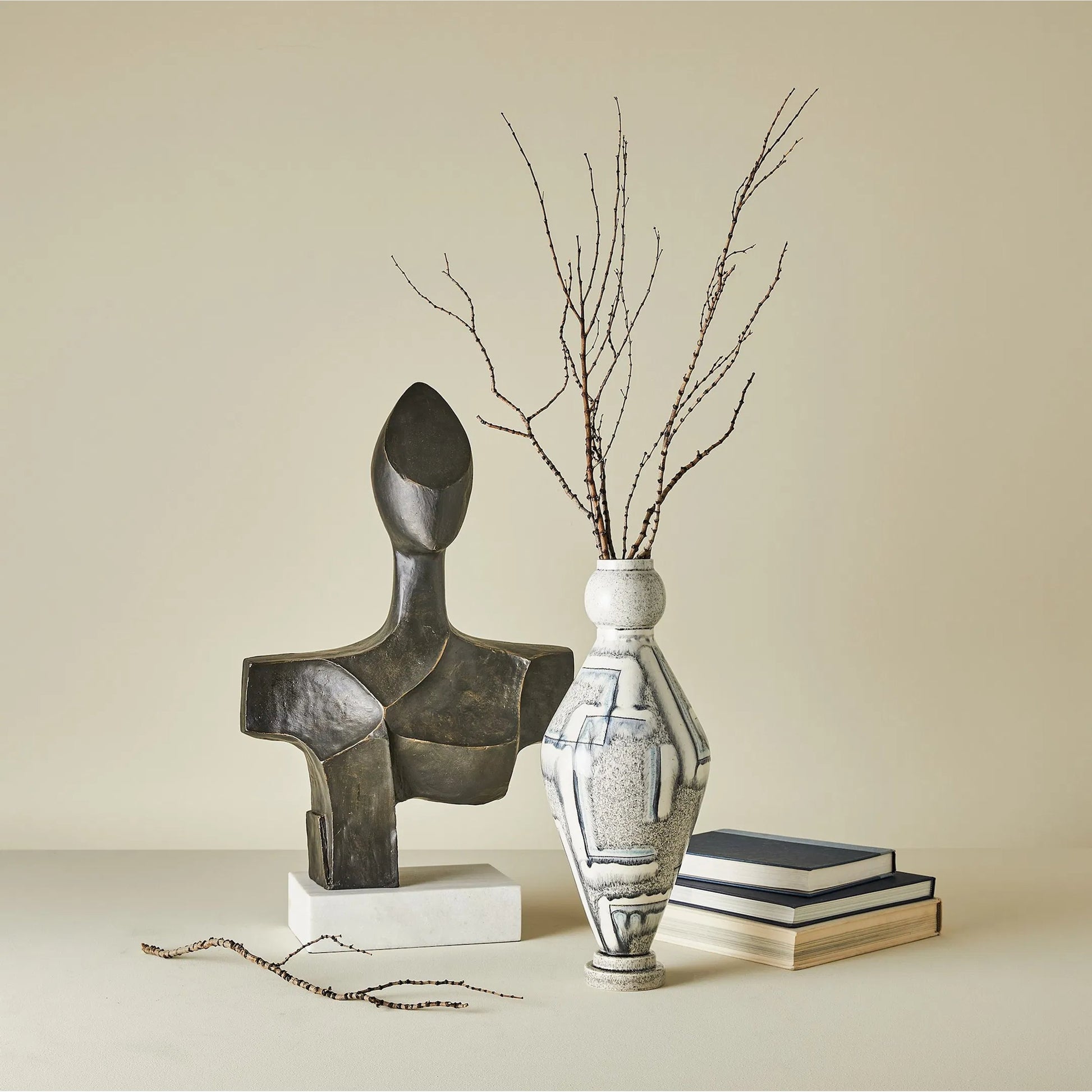 Spindle Vase by Global Views in grey, blue painted. Made from ceramic in a unique style.
