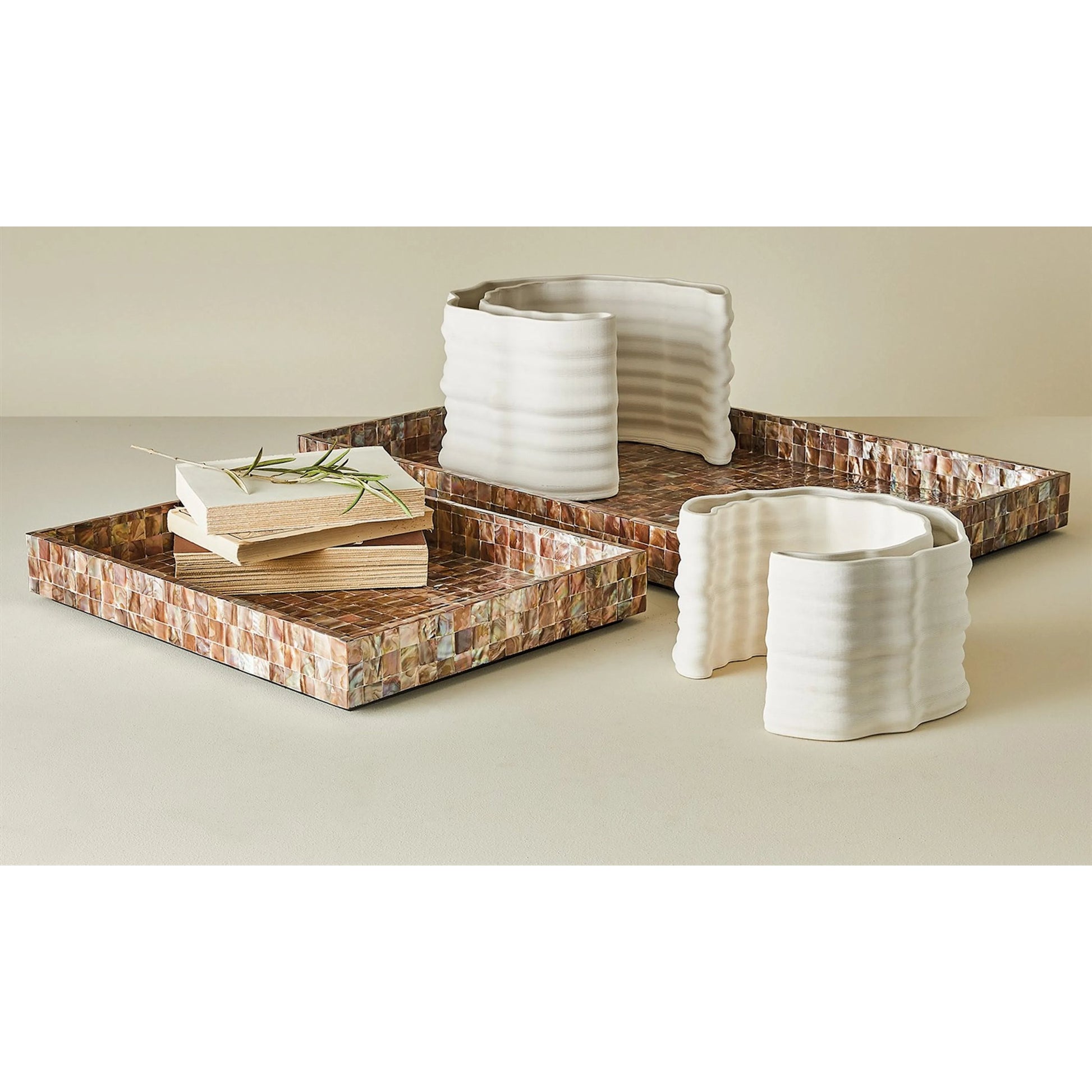 Mother of Pearl Tray by Global Views. Made from mdf, plywood, mother of pearl in a coastal style.