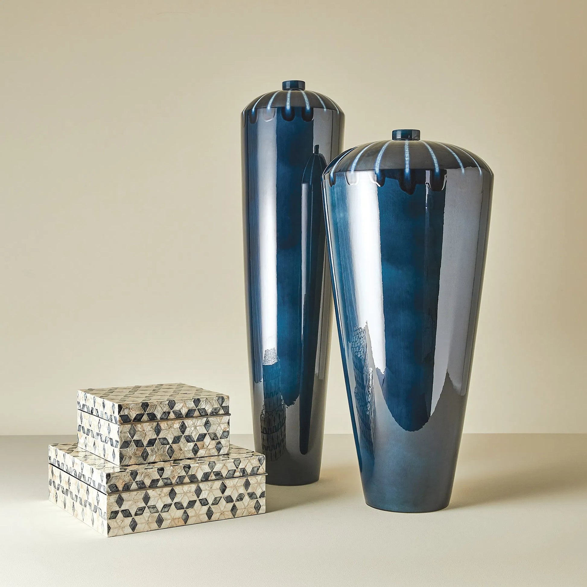 Capiz Shell Box by Global Views in nickel. Made from mdf, stainless steel, capiz shell, mother of pearl in a eclectic & global style.