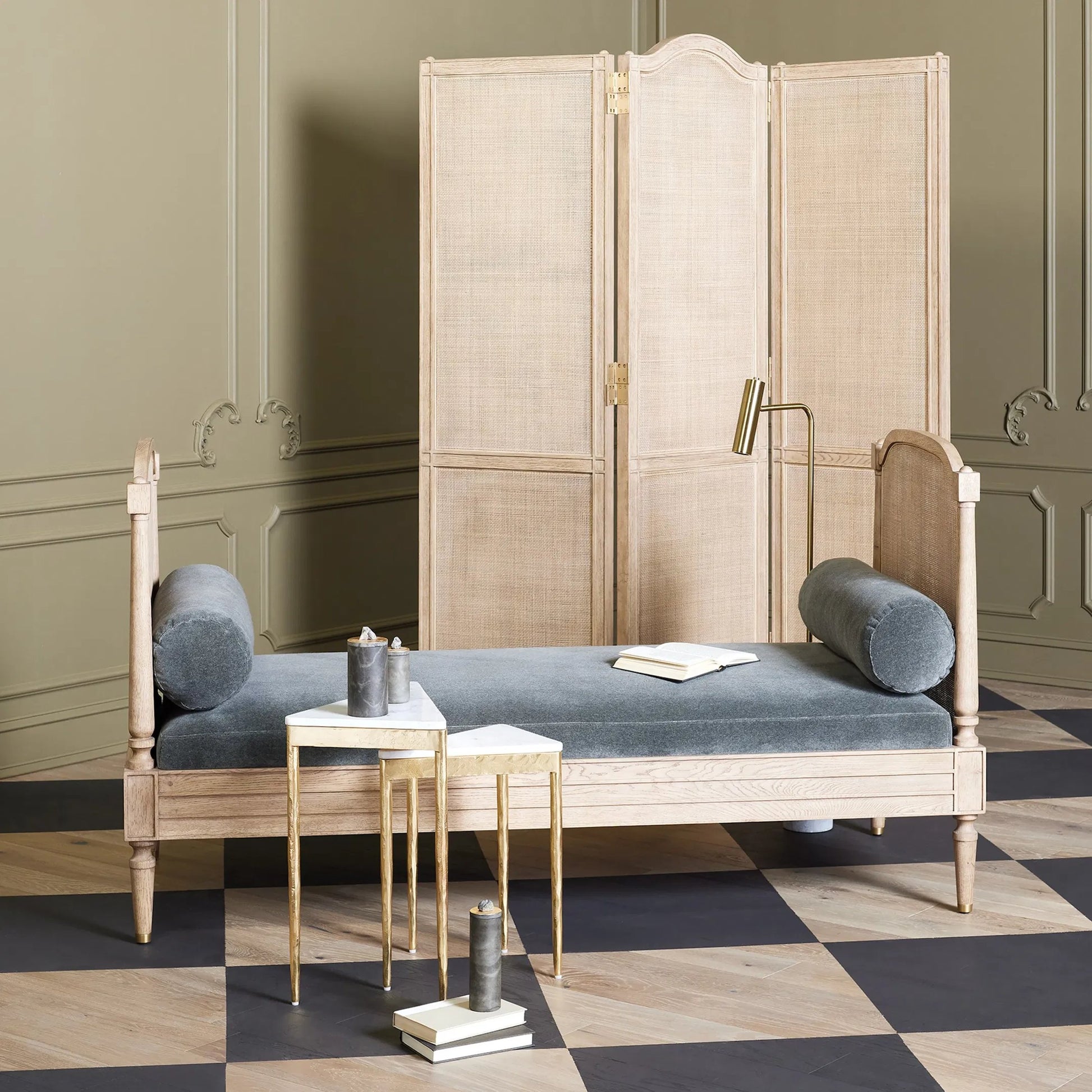 Josephine Daybed by Global Views. Made from eu oak, cane. beech, brass, fabric, 11% cotton, 31% polyester, 58% acrylic, 50, 000 double rub in a traditional style.