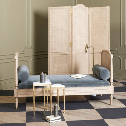 Josephine Daybed by Global Views. Made from eu oak, cane. beech, brass, fabric, 11% cotton, 31% polyester, 58% acrylic, 50, 000 double rub in a traditional style.