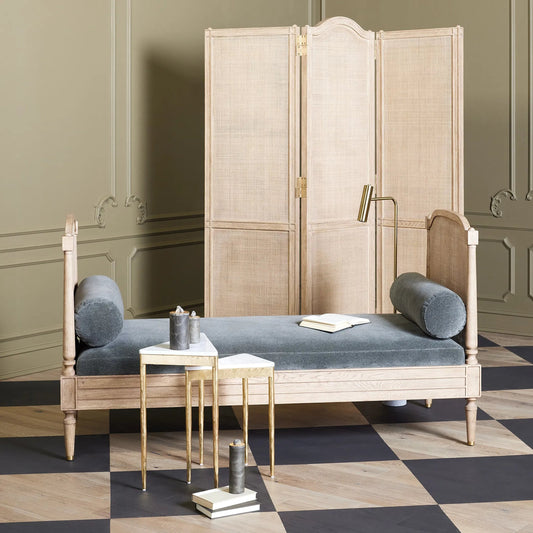Josephine Daybed by Global Views in bleached oak. Made from eu oak, cane. beech, brass, fabric, 11% cotton, 31% polyester, 58% acrylic, 50, 000 double rub in a unique style.