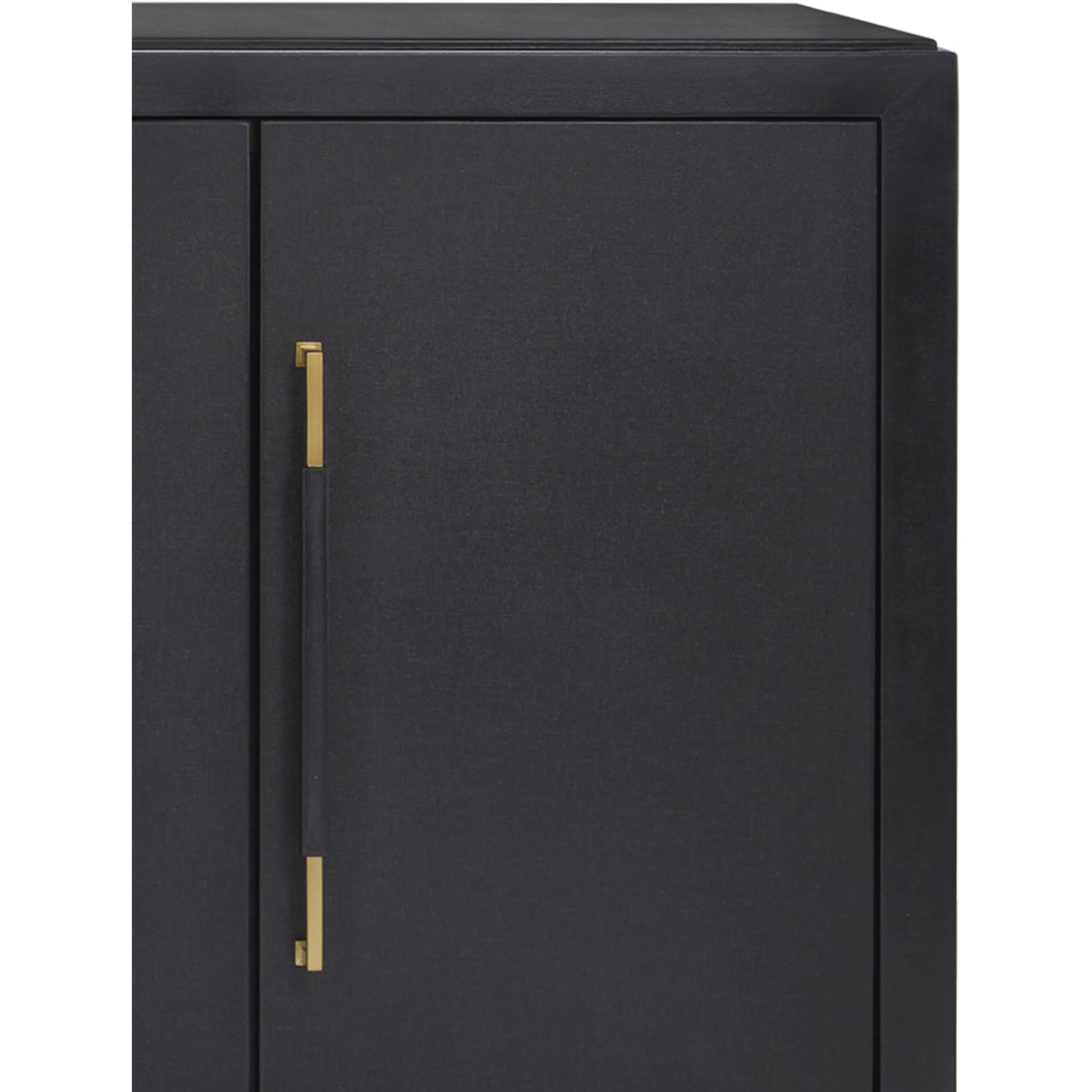 Verona Sideboard by Currey and Company in black lacquered linen, champagne stretchers, linen wrapped cha. Made from solid wood, engineered hardwood in a transitional style.