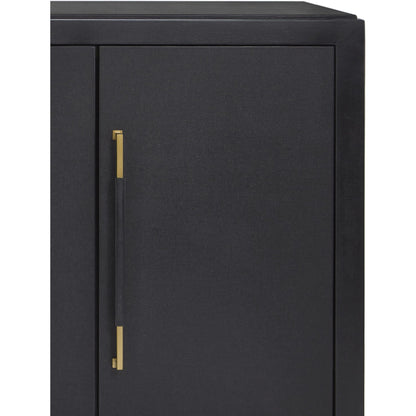 Verona Sideboard by Currey and Company in black lacquered linen, champagne stretchers, linen wrapped cha. Made from solid wood, engineered hardwood in a transitional style.
