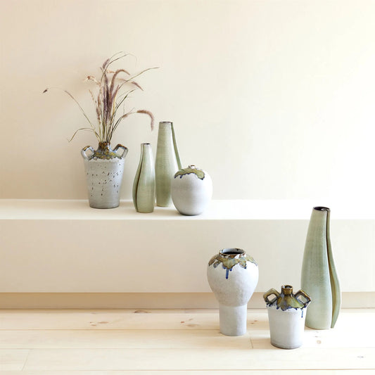 Volcan Handled Jar by Global Views in grey, reactive green. Made from ceramic in a unique style.