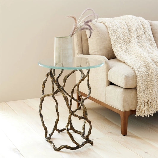 Twistwood Accent Table by Global Views in clear, red and antique brass. Made from unique in a modern style.