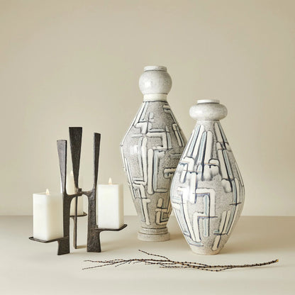 Spindle Vase by Global Views in grey, blue painted. Made from ceramic in a unique style.