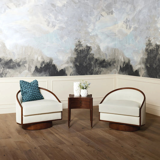 Swivel Chair by Global Views in white leather. Made from rubberwood in a transitional style.