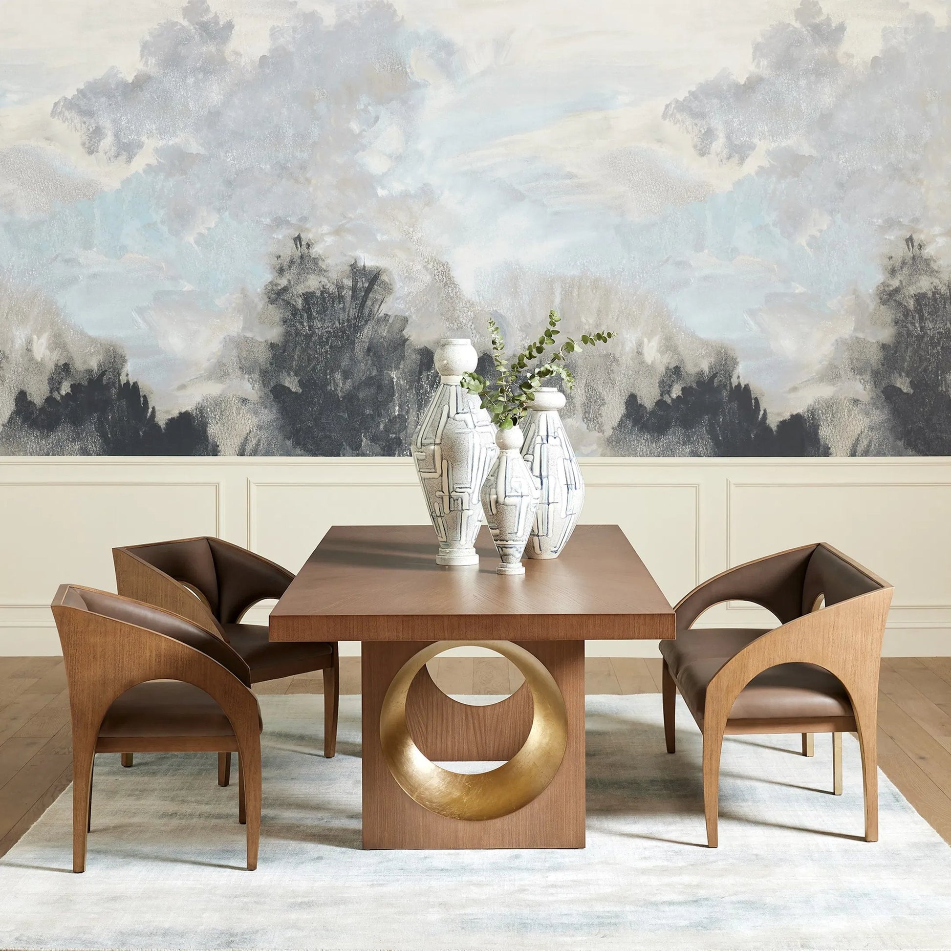 Arches Bench by Global Views in nutmeg, champagne. Made from plywood, veneer, leather in a traditional style.