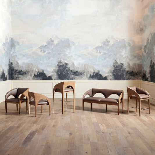 Arches Bench by Global Views in nutmeg, champagne. Made from plywood, veneer, leather in a unique style.