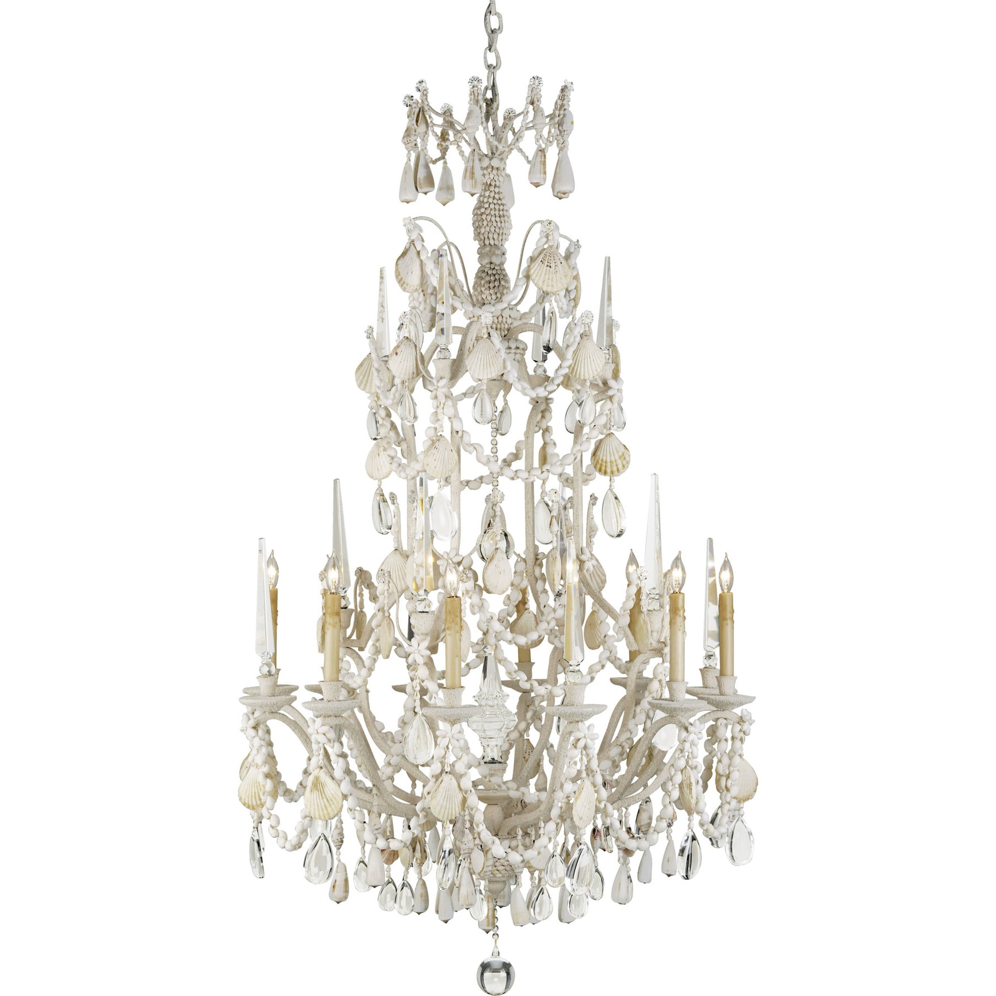 Buttermere Chandelier by Currey and Company. Made from wrought iron, shell, crystal in a traditional style.