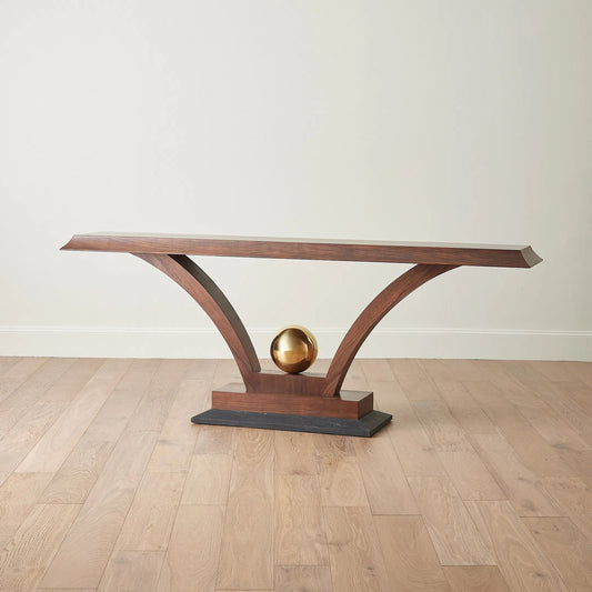 Colby Console by Global Views in walnut, brass. Made from walnut wood, brass, black slate marble in a modern style.