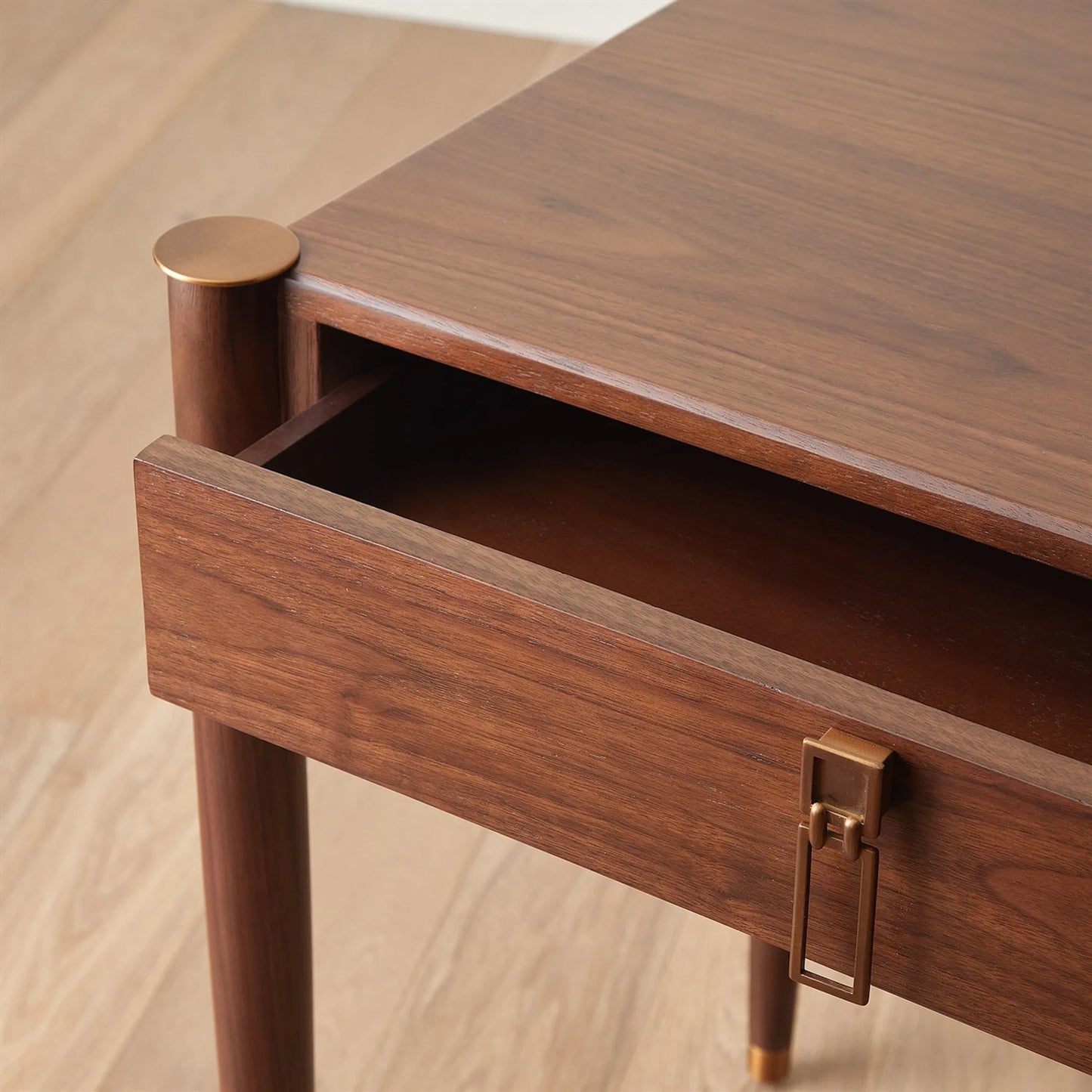 008 SI-2324618 | Closeup | Triple Curve Desk by Global Views in walnut and aged brass. Made from unique in a traditional style.