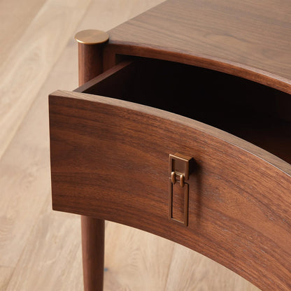 Triple Curve Side Table by Global Views in walnut and aged brass. Made from unique in a traditional style.