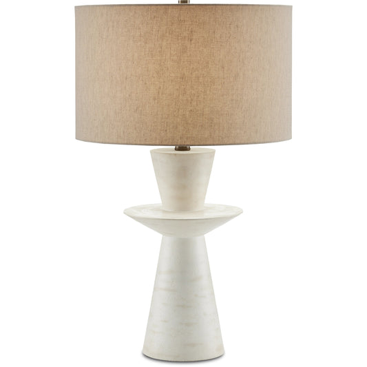 Cantata Table Lamp by Currey and Company in off-white distressed. Made from wood in a modern style.