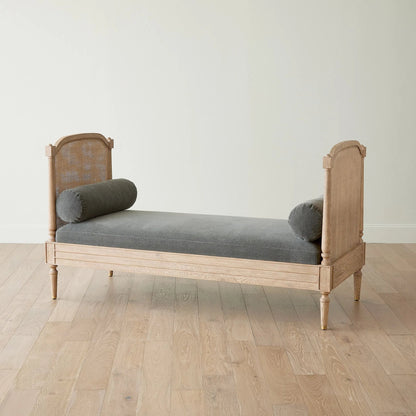 Josephine Daybed by Global Views. Made from eu oak, cane. beech, brass, fabric, 11% cotton, 31% polyester, 58% acrylic, 50, 000 double rub in a traditional style.