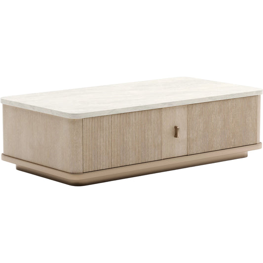 Rhythm Rectangle Cocktail Table by Caracole in oak and sun drenched oak. Made from stone in a transitional style.