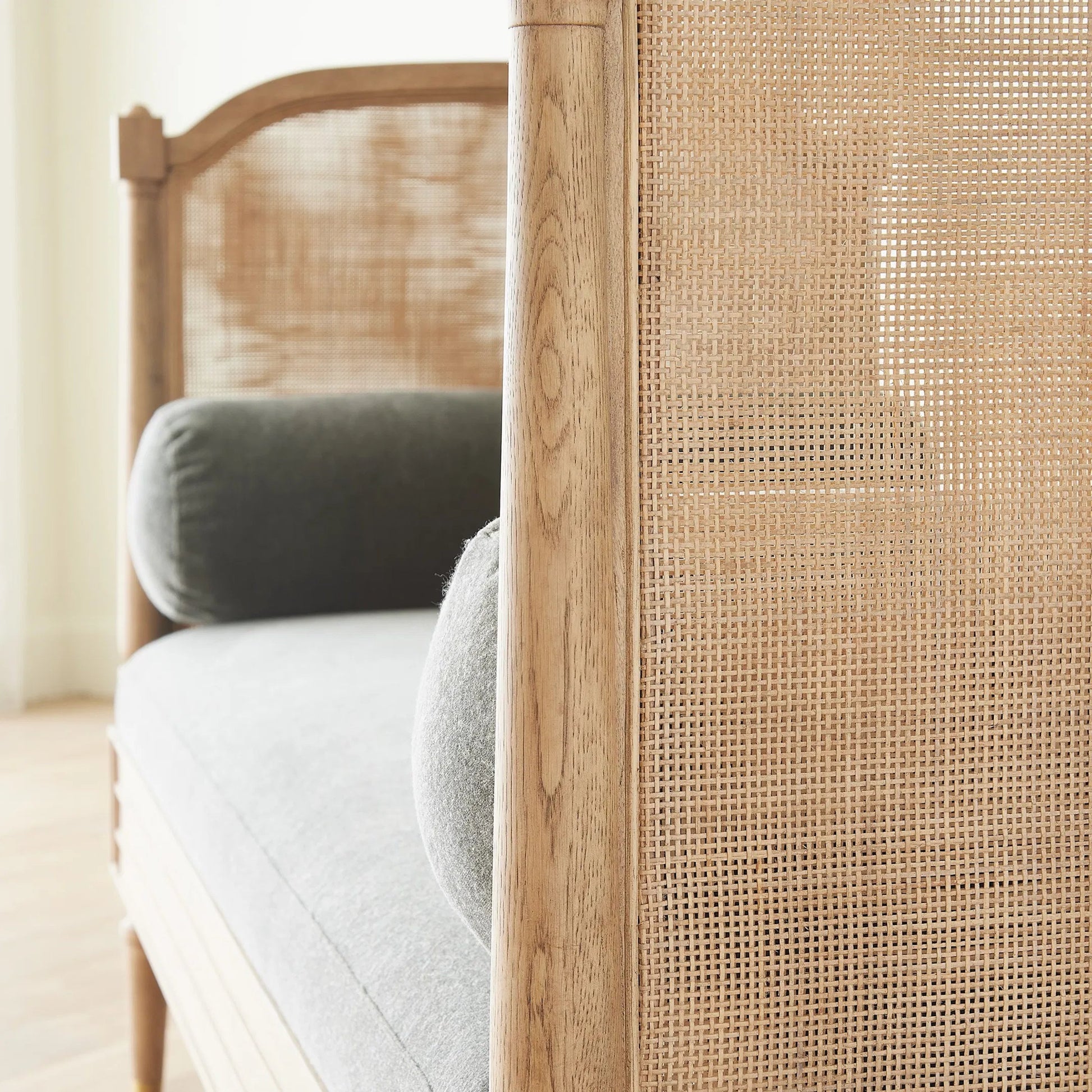 Josephine Daybed by Global Views. Made from eu oak, cane. beech, brass, fabric, 11% cotton, 31% polyester, 58% acrylic, 50, 000 double rub in a traditional style.
