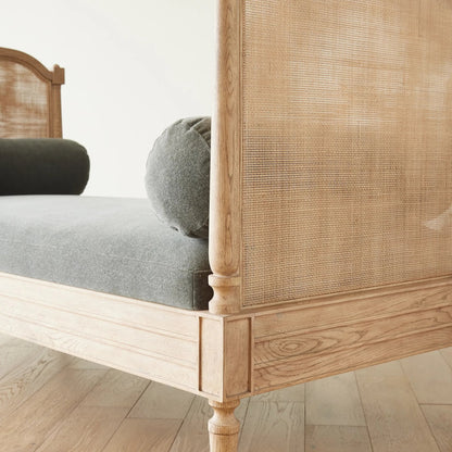 Josephine Daybed by Global Views. Made from eu oak, cane. beech, brass, fabric, 11% cotton, 31% polyester, 58% acrylic, 50, 000 double rub in a traditional style.