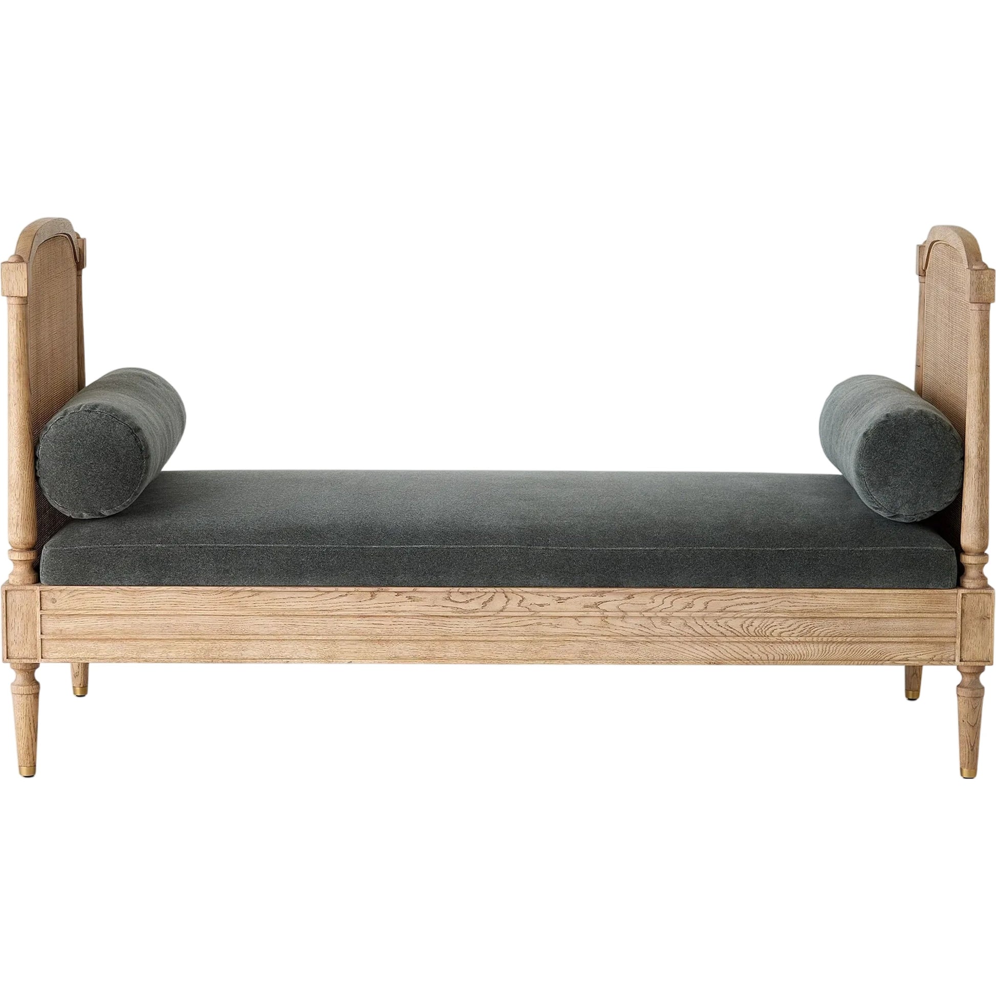Josephine Daybed by Global Views. Made from eu oak, cane. beech, brass, fabric, 11% cotton, 31% polyester, 58% acrylic, 50, 000 double rub in a traditional style.